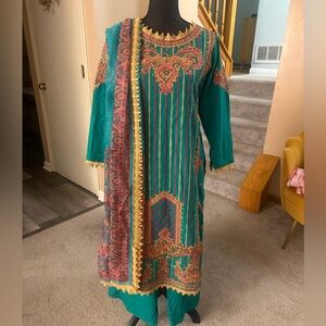 Elegant Teal and Gold Embroidered Dress